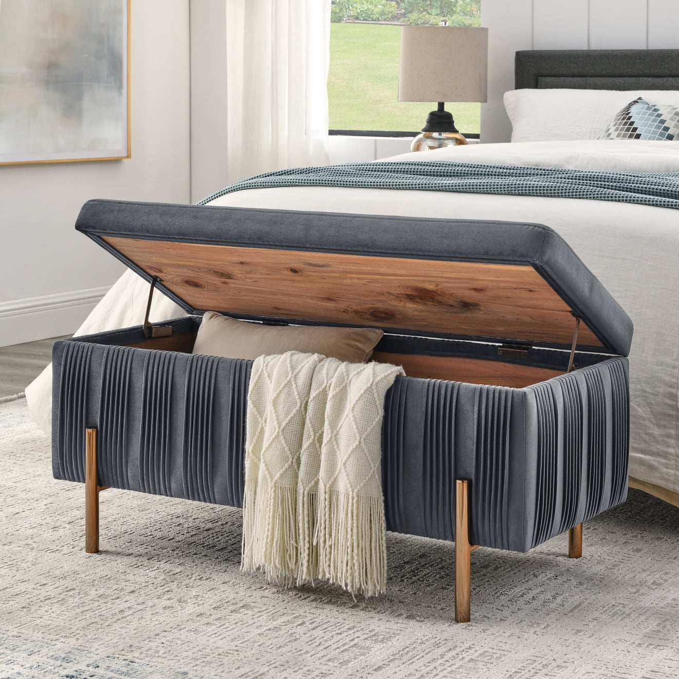 Velvet Upholstered Storage Bench with Cedar Wood Veneer, Entryway Bench ...