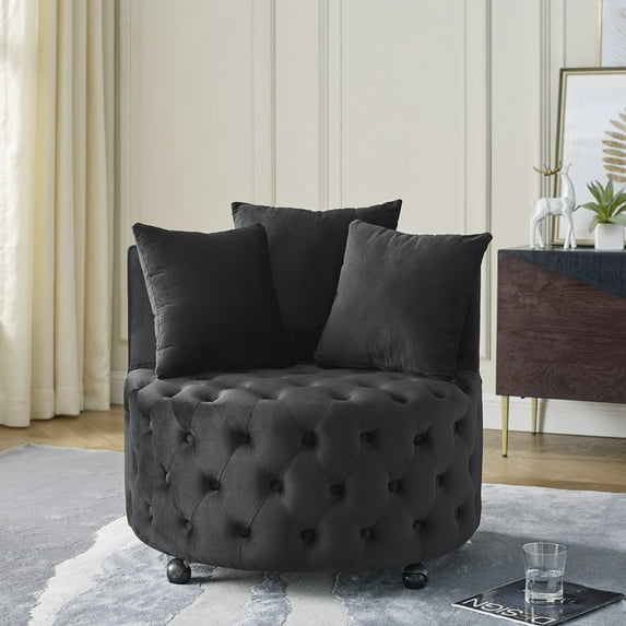 Velvet Upholstered Swivel Chair with 4 Universal Caster Wheels, Wooden Button Tufted Design Single Sofa Chair with 3 Pillows for Apartment, Office, Living Room & Bedroom (Black)