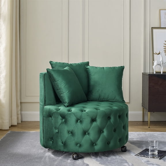 Velvet Upholstered Swivel Chair with Button Tufted Design and Movable Wheels, Comfy Lounge Chair with 3 Pillows for Living Room, Bedroom, Office – Green