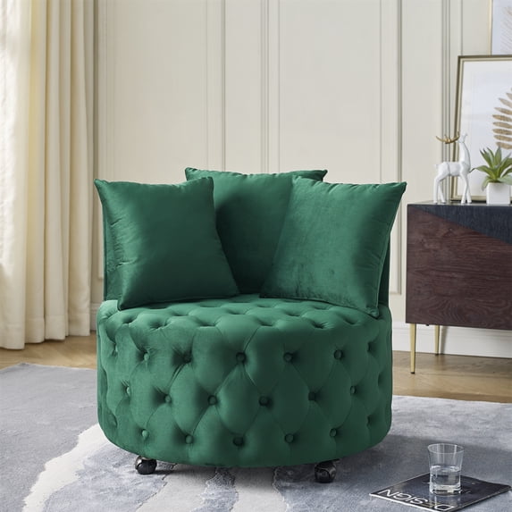 Modern 360 Degree Swivel Chair,Velvet Upholstered Swivel Accent Chair with Button Tufted Design and Movable Wheels, Comfy Round Swivel Chair with Backrest and 3 Pillows, Green