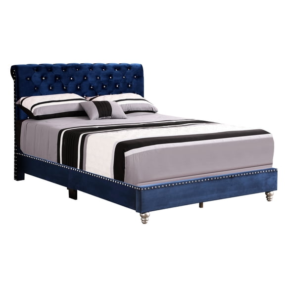 Velvet Upholstered Transitional Navy Blue Bed / Comfortable, Maximize Space