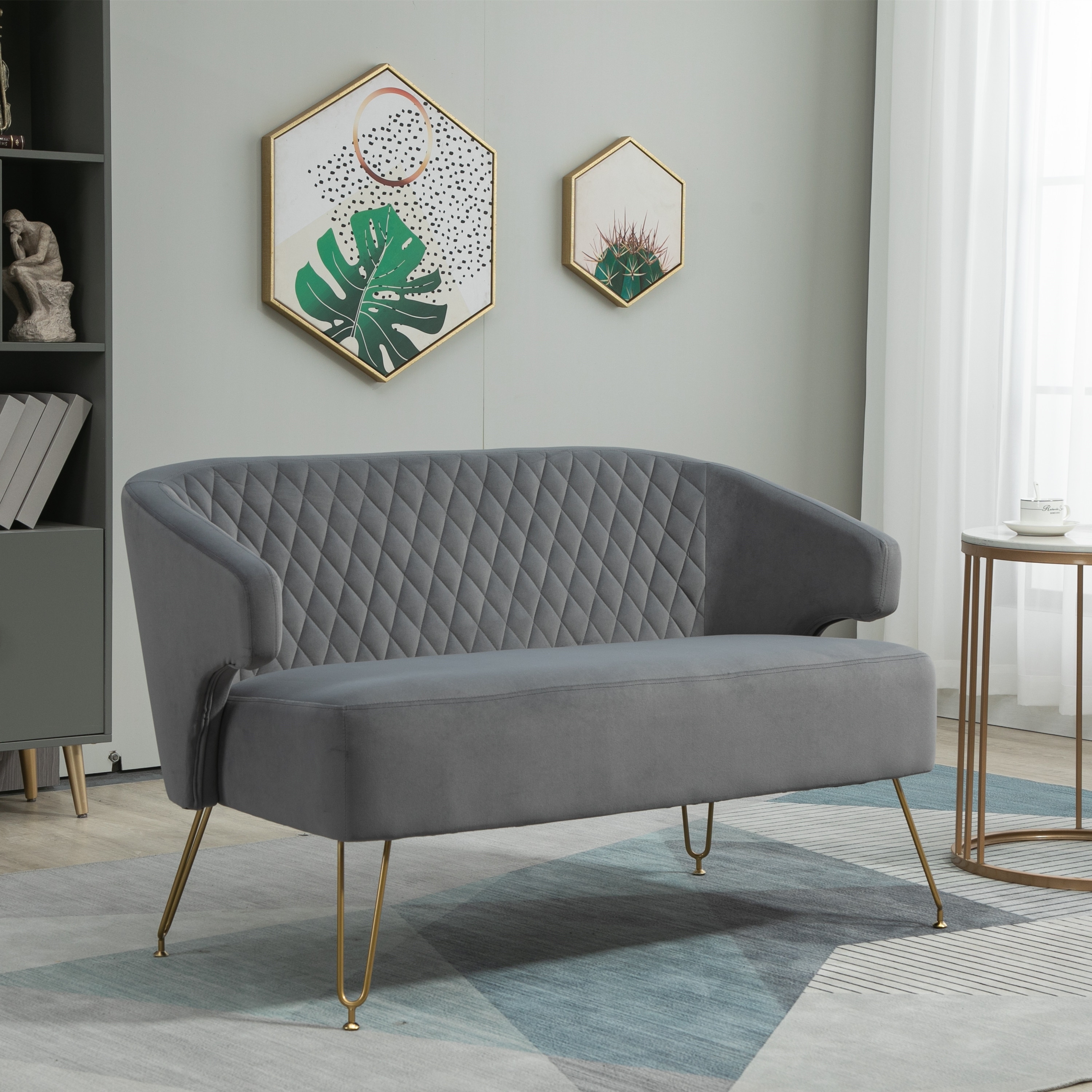 Velvet Upholstered Tufted Accent Loveseats Sofa With Golden Legs Grey