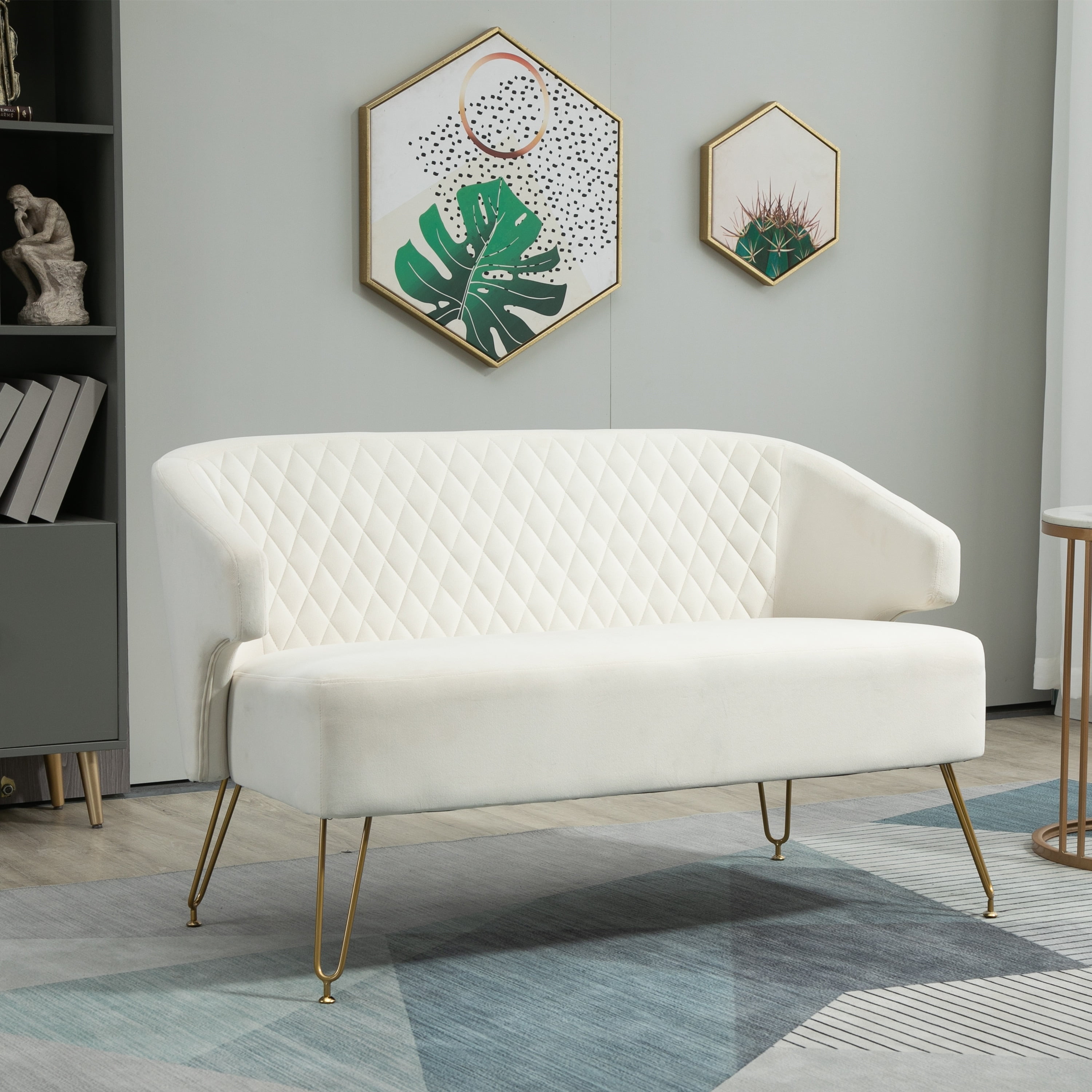 Velvet Upholstered Tufted Accent Loveseats Sofa With Golden Legs White