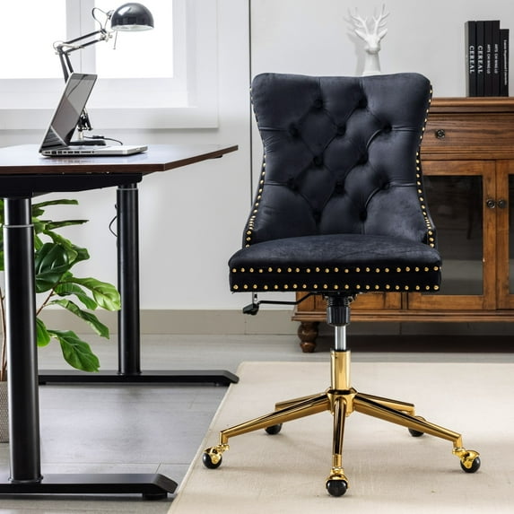 Velvet Upholstered Tufted Button Home Office Chair with Golden Metal Base,Adjustable Desk Chair Swivel Office Chair Black