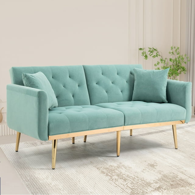 Velvet Upholstered Tufted Loveseats Sleeper Sofa With Rose Golden Legs Mint Green