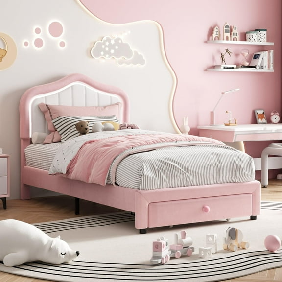 Velvet Upholstered Twin Bed Frame with LED Lighting & Storage Drawer | Princess Style Platform Bed, Wooden Slats Support, No Box Spring Needed | Easy Assembly Pink Bed Frame
