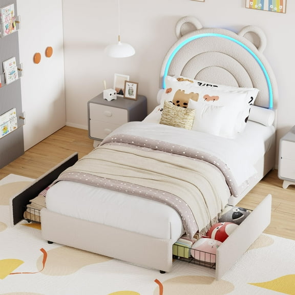 Velvet Upholstered Twin Bed Frame with Rainbow LED Headboard – 2 Storage Drawers – Sturdy Wood Slats – No Box Spring Needed – Easy Assembly – Gray, Twin