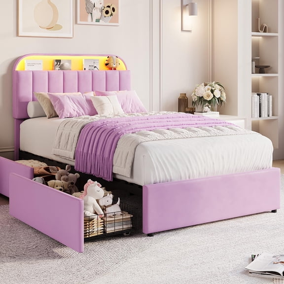Velvet Upholstered Twin Bed Frame with Storage Drawers, Bookcase Headboard, LED Lights, Noise-Free, Easy Assembly, No Box Spring Needed - Purple, Twin Size