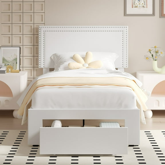 Velvet Upholstered Twin Bed Frame with 1 Storage Drawers, Adjustable Headboard, Rivet Trim, No Box Spring Needed
