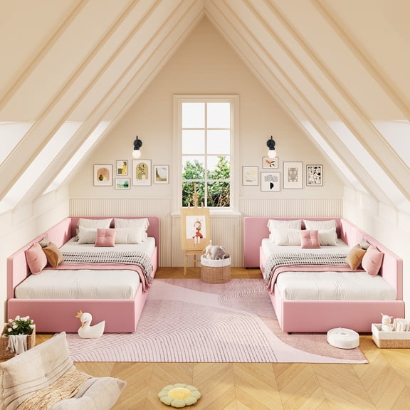 Velvet Upholstered Twin Corner Daybed Frame with Extended Headboard - Guardrail & Side Rails - Reversible Left/Right Corner Setup - Wooden Slat Support, Pink, Twin