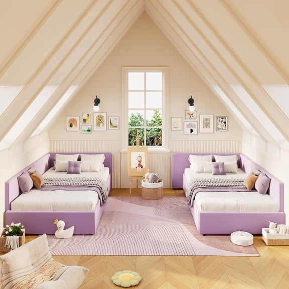 Velvet Upholstered Twin Corner Daybed Frame with Extended Headboard - Guardrail & Side Rails - Reversible Left/Right Corner Setup - Wooden Slat Support, Purple, Twin