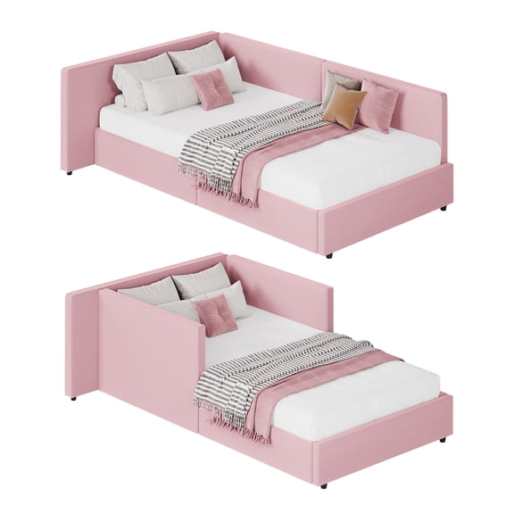 Velvet Upholstered Twin Corner Daybed Sofa with Headboard Guardrails and Sturdy Wooden Slats for Bedroom Guest Room Apartment Small Space White Pink