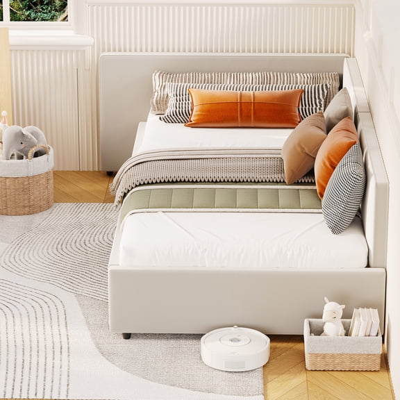 Velvet Upholstered Twin Daybed Frame, Convertible Corner Sofa Bed With Safety Guardrails & Extended Headboard, Wooden Slat System With 800‑Lbs Load Capacity, Adjustable Layout for Bedroom Guest Room