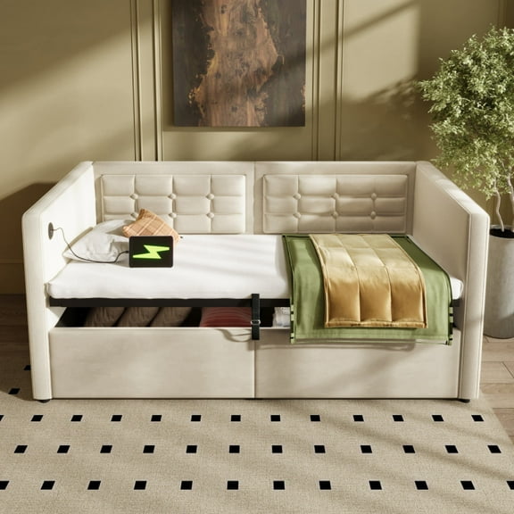 Velvet Upholstered Twin Daybed - Hydraulic Storage Bed Frame with USB/Type-C Charging, Wooden Slats & Tufted Back, Beige (Mattress Not Included)
