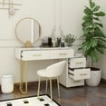 thumbnail image 1 of Velvet Upholstered Vanity Desk with Chair, Vanity Set with 5 Big Drawers, Makeup Table with Padded Chair, Marble-Look Sticker Top Dressing Table with Left/Right Adjustable Storage, Beige, 1 of 13