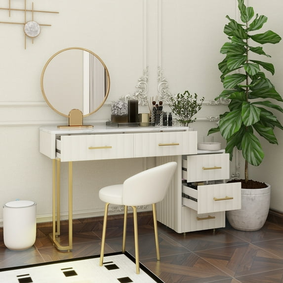 Velvet Upholstered Vanity Desk with Chair, Vanity Set with 5 Big Drawers, Makeup Table with Padded Chair, Marble-Look Sticker Top Dressing Table with Left/Right Adjustable Storage, Beige