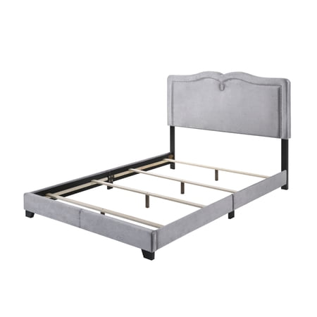 Velvet Upholstered Wooden Queen Size Bed with Nail head Trims, Gray- Saltoro Sherpi