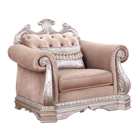 Velvet Upholstered Wooden Sofa Chair with Rolled Arms, Gold