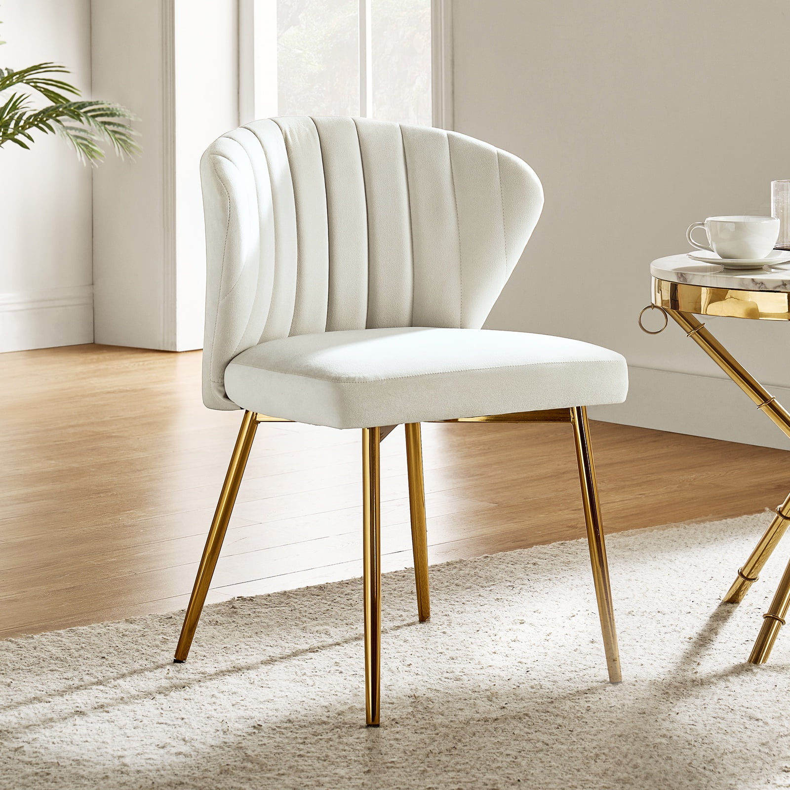 Ivory Velvet Upholstered Wingback Side Chair with Gold Metal Legs