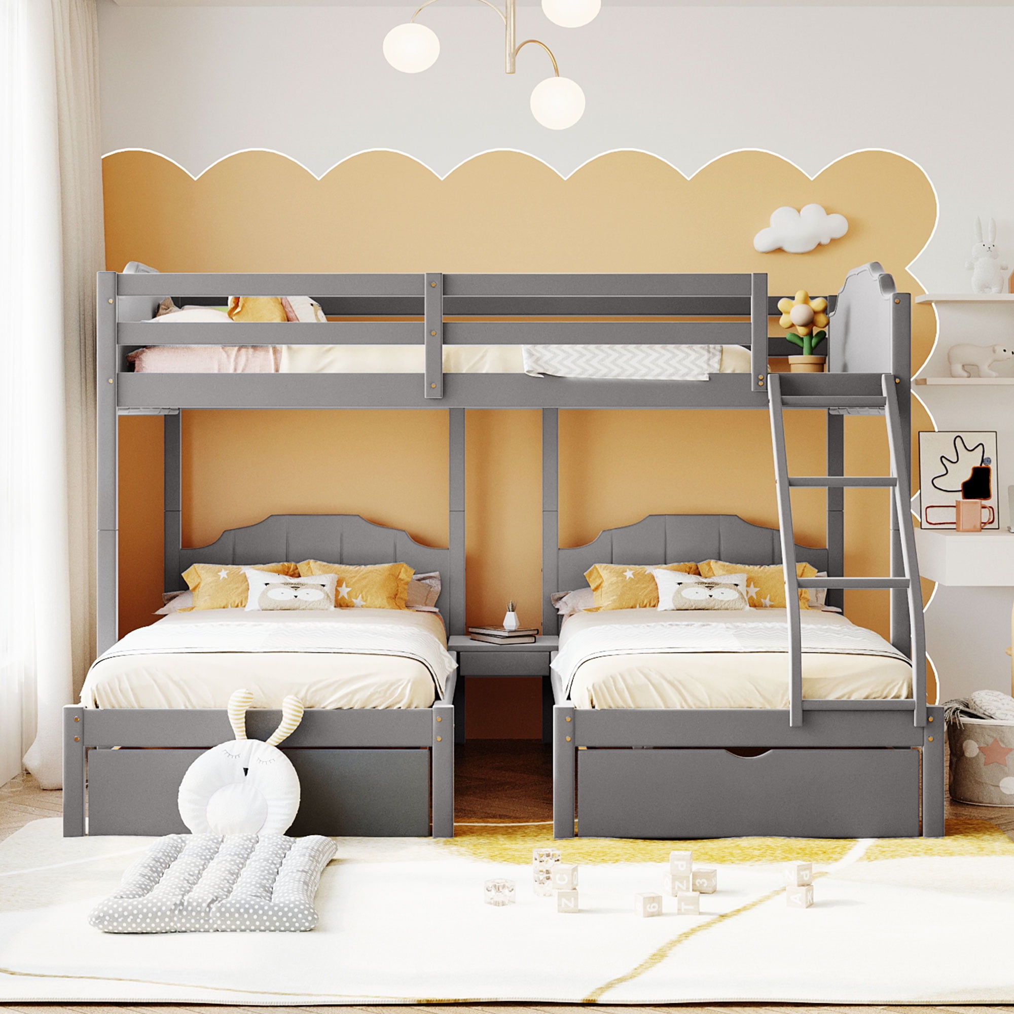Velvet Upholstery Triple Bunk Bed with Drawers, Full Over Twin & Twin ...