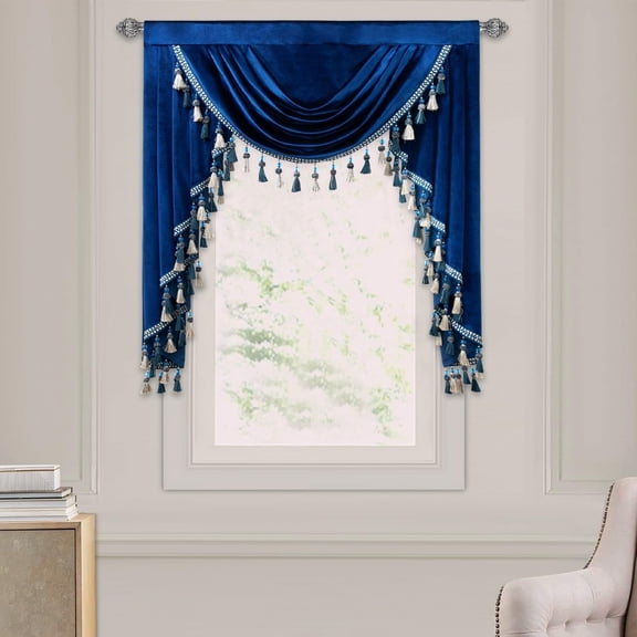Velvet Valance Curtains for Small Windows, 39 Inch Wide Single Panel Rod Pocket Decorative Drapes with Tassels for Library Dining Room, Blue