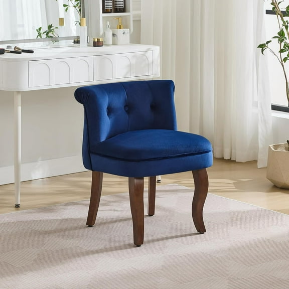 Velvet Vanity Chair with Back, Tufted Upholstered Vanity Stool with Solid Wood Legs, Mid Century Small Makeup Chair for Vanity, Accent Chair for Bedroom, Living Room, Navy