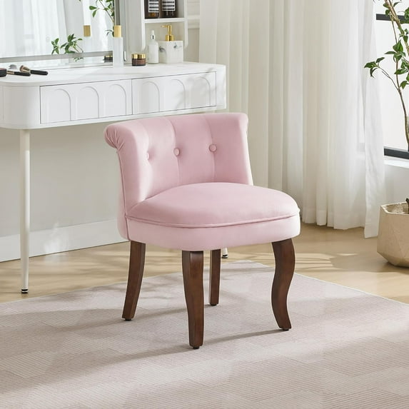 Velvet Vanity Chair with Back, Tufted Upholstered Vanity Stool with Solid Wood Legs, Mid Century Small Makeup Chair for Vanity, Accent Chair for Bedroom, Living Room, Pink