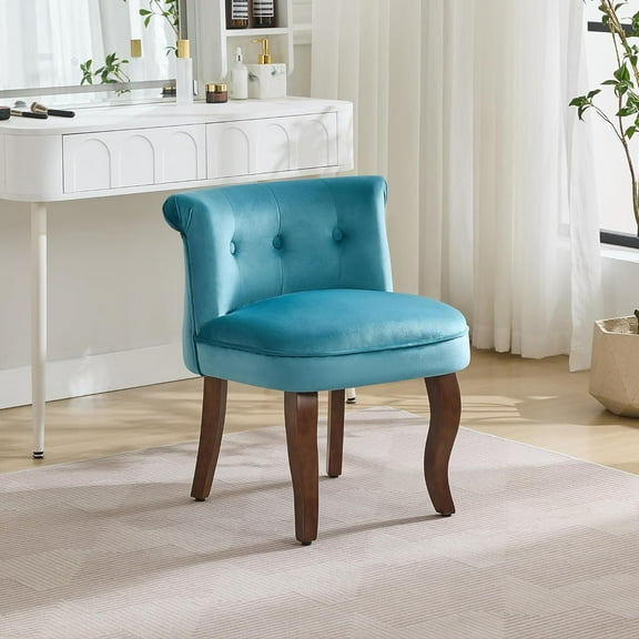 Velvet Vanity Chair with Back, Tufted Upholstered Vanity Stool with Solid Wood Legs, Mid Century Small Makeup Chair for Vanity, Accent Chair for Bedroom, Living Room, Teal