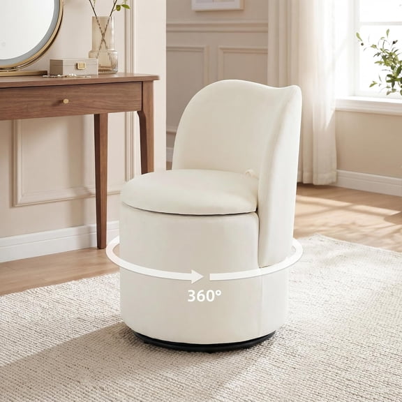 Velvet Vanity Chair with Storage, 360 Swivel Makeup Chair with Back, Modern Swivel Accent Stool Barrel Chair Upholstered Ottoman Vanity Stool with Back for Bedroom, Dressing, Living Room, White