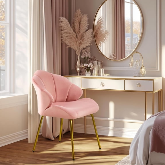 Velvet Vanity Chair with Shell Backrest and Gold Legs for Bedroom Dressing Room