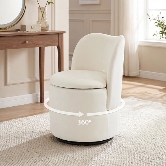Velvet Vanity Chair with Storage, 360° Swivel Makeup Chair with Back, Upholstered Barrel Stool, White