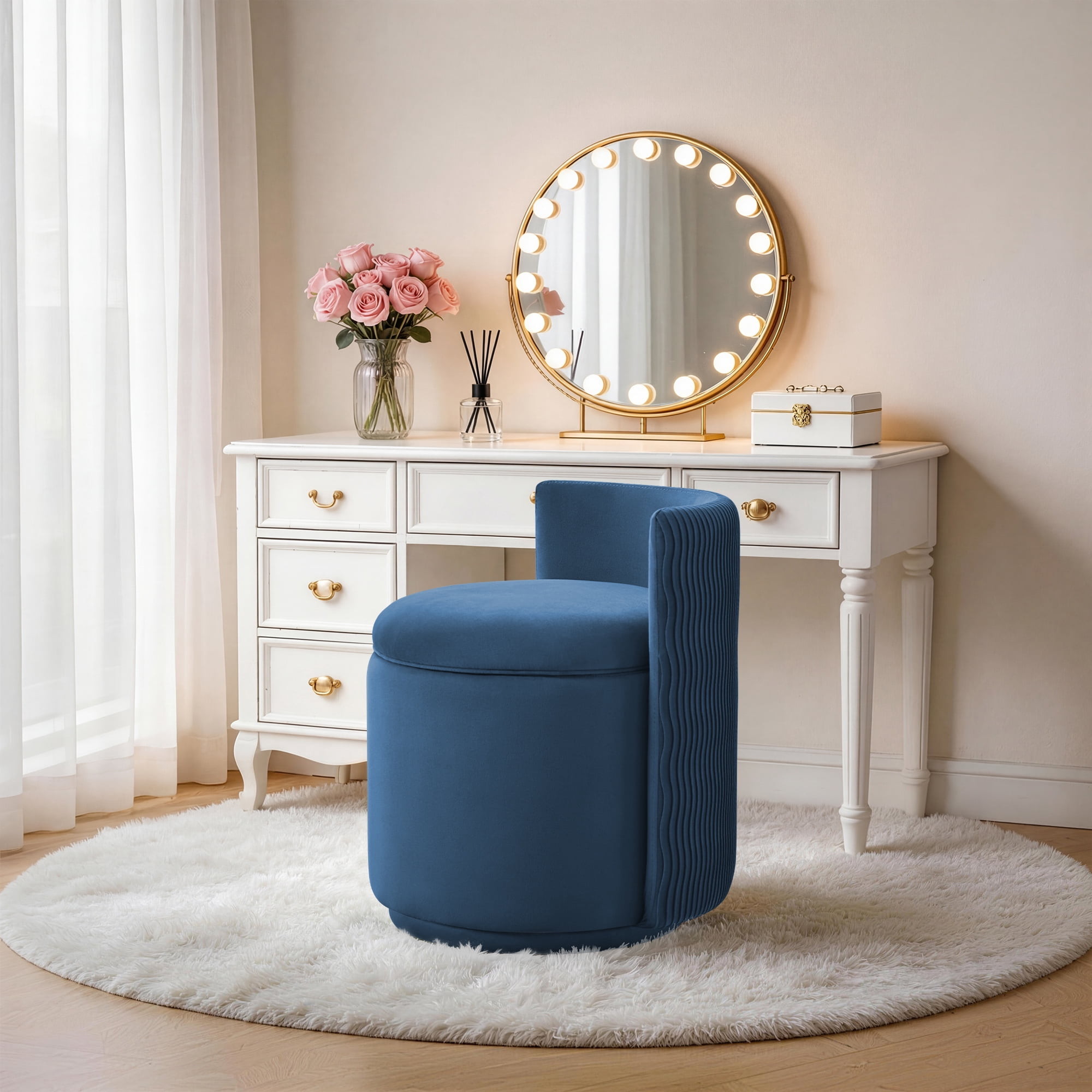 Velvet Vanity Chair with Storage, 360° Swivel Makeup Chair with Wave