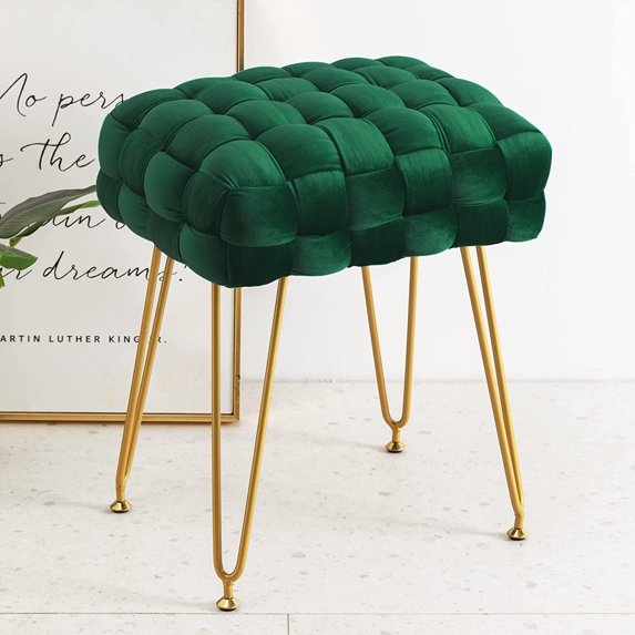 Velvet Vanity Stool, Rectangle Ottoman, Upholstered Make up Foot Stool with Gold Metal Legs and Padded Seat, Modern Footstool for Living Room, Bedroom,Dressing Room, Emerald Green