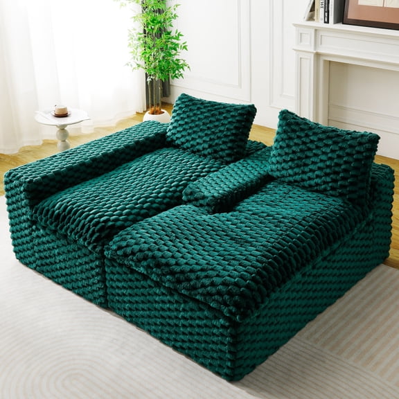 Velvet Versatile Sofa, Convertible Twin-Seat with Left Chaise Lounge (Plush Reclining Lounger for Cozy Leisure), Featuring Face-To-Face Seating, Switchable Between L-Shape and Straight (Green)