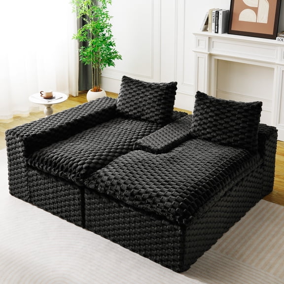 Velvet Versatile Sofa, Convertible Twin-Seat with Left Chaise Lounge (Plush Reclining Lounger for Cozy Leisure), Featuring Face-To-Face Seating, Switchable Between L-Shape and Straight (Black)