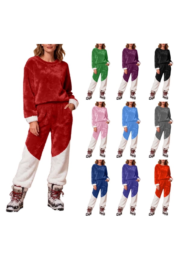 Velvet Warm Set Women's Winter Thick Fleece Lined Lounge Pants And Sweatshirt, Casual Daily Soft Velour Tracksuit, Cozy Loungewear Gifts for Women | CSEONE,Red XL