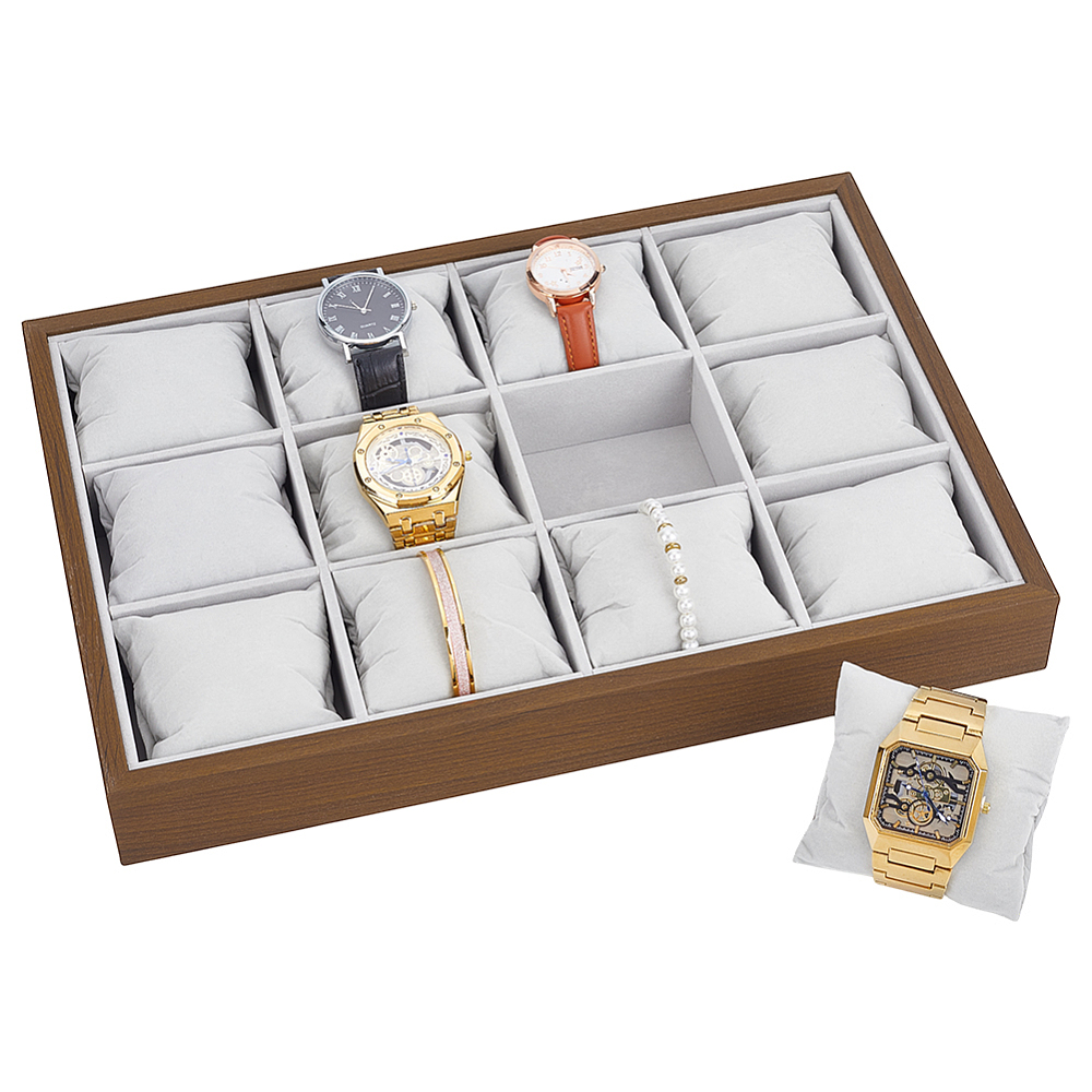 Velvet Watch Tray 12 Grid Watch Organizer Jewelry Tray Camel Stackable Bracelet Bangle Display Case Holder Jewelry Show Trays with Adjustable Pillow for Men Women Bracelet Bangle Watches DIY