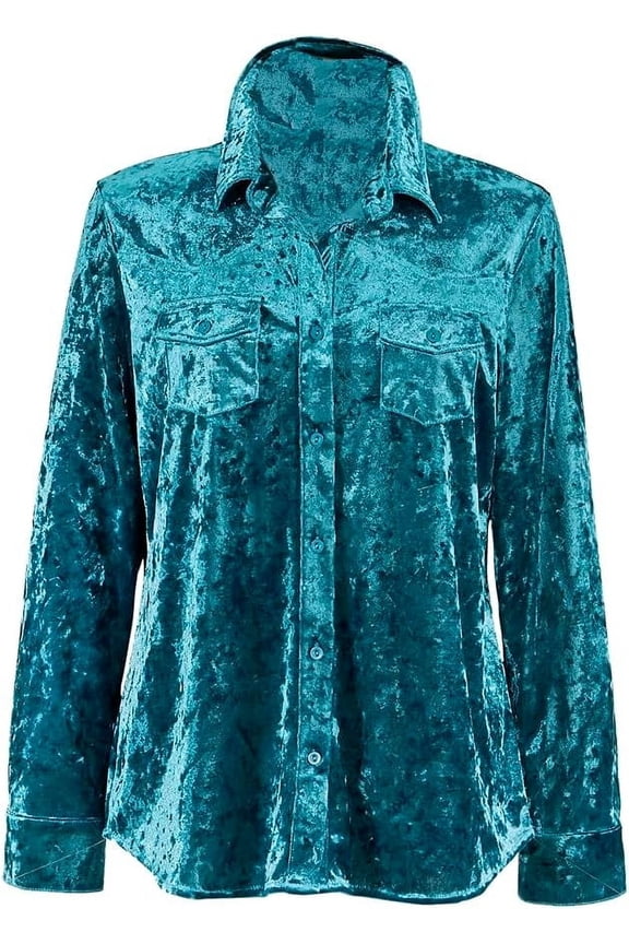 Velvet Western Shirt for Women, Long Sleeve V-Neck Collar Blouse, Vintage Retro Casual Cowgirl Button Up Top Turquoise - 3X