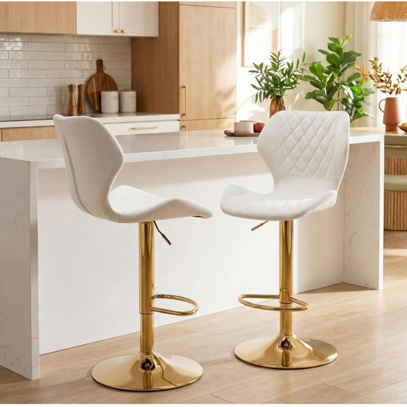 Velvet White Bar Stools Set of 2 Swivel Barstools Counter Height Bar Chairs with Back/Gold Base Modern Adjustable Stool Chair for Kitchen Island/Dining Room, (23.6 to 31.5 Inch/Cream White)