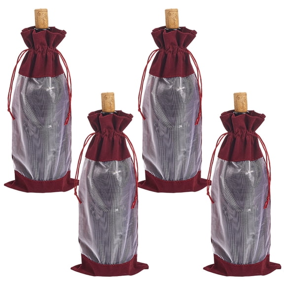 Velvet Wine Bottle Packing Pouches Drawstring Bags with Visible Window Rectangle Dark Red 35x15x0.3cm
