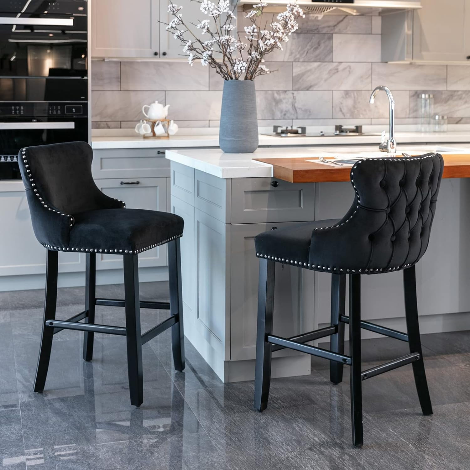 Velvet Wing-Back Bar Stools Set of 2, Button Tufted with Nailhead Trim & Solid Wood Legs, Counter Height Bar Chairs for Kitchen Island Dining Room Pub，Black