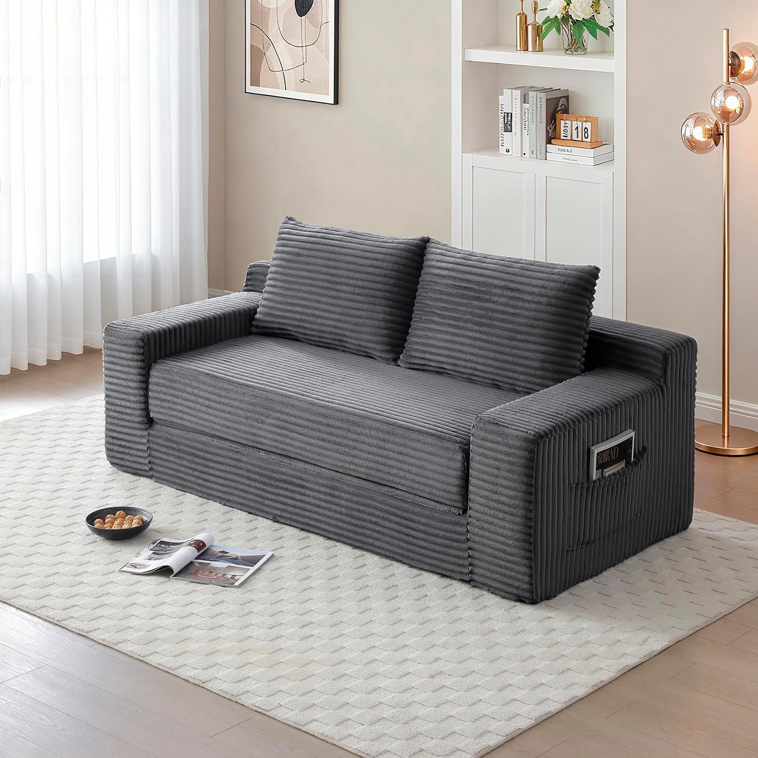 73" 2-in-1 Convertible Sofa Bed, Memory Foam Corduroy Loveseat, No Assembly, Grey