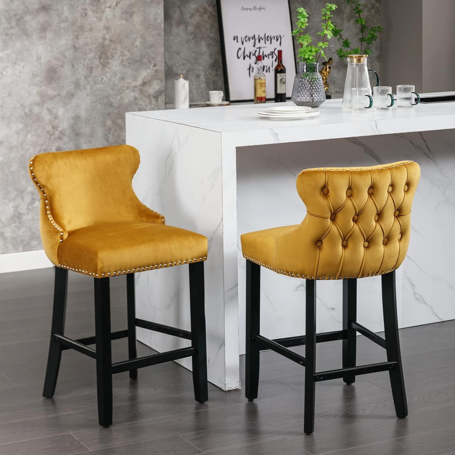 Velvet Wing-Back Bar Stools Set of 2, Button Tufted with Nailhead Trim & Solid Wood Legs, Counter Height Bar Chairs for Kitchen Island Dining Room Pub，Gold