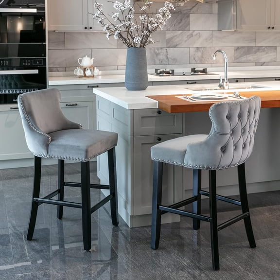 Velvet Wing-Back Bar Stools Set of 2, Button Tufted with Nailhead Trim & Solid Wood Legs, Counter Height Bar Chairs for Kitchen Island Dining Room Pub,Gray