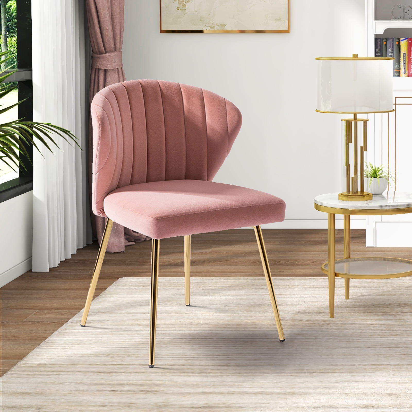 Velvet Wingback Accent Chair Upholstered Home Kitchen Dining Chair Tufted Gold Metal Legs Living Bedroom Pink