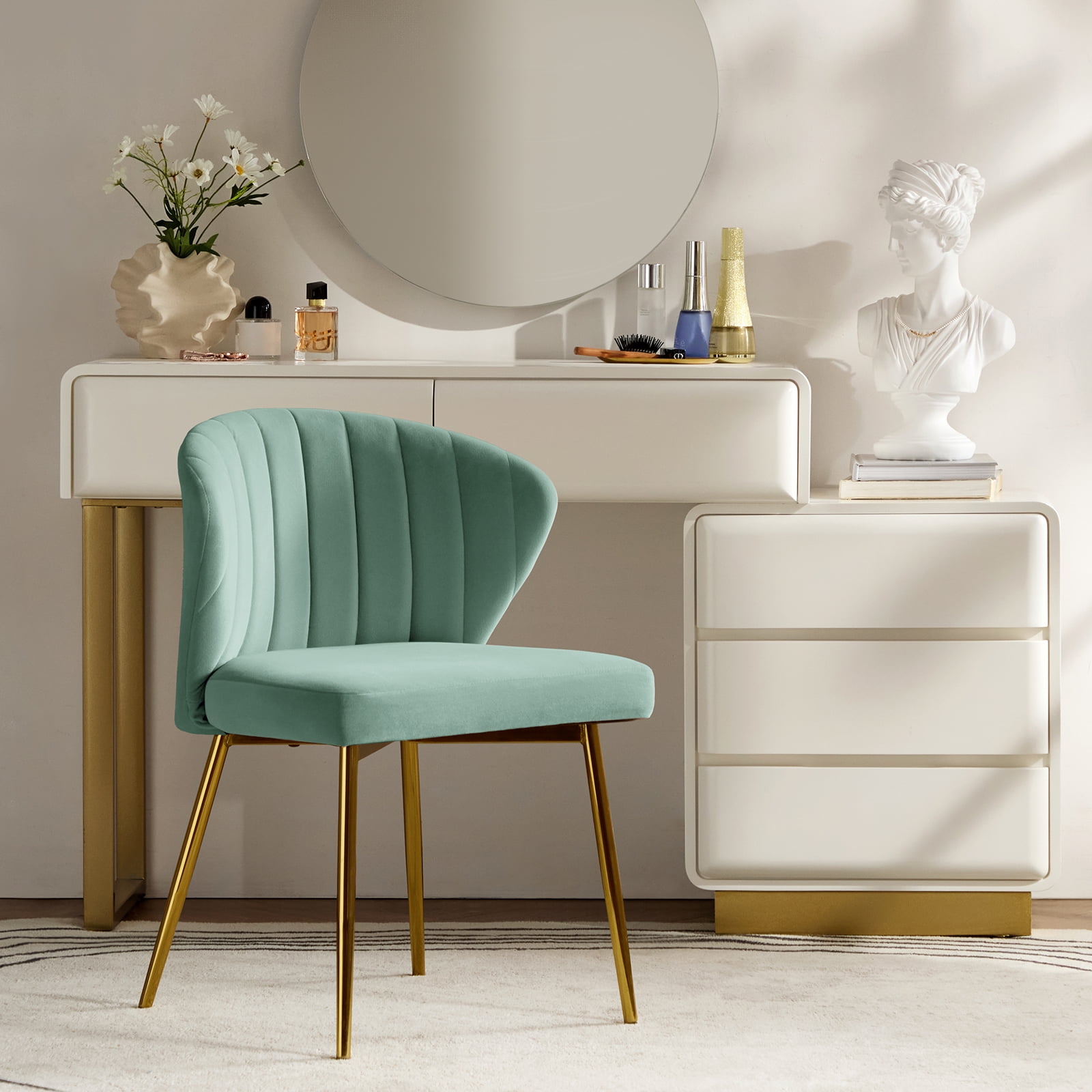 Sage Velvet Upholstered Side Chair with Gold Metal Legs