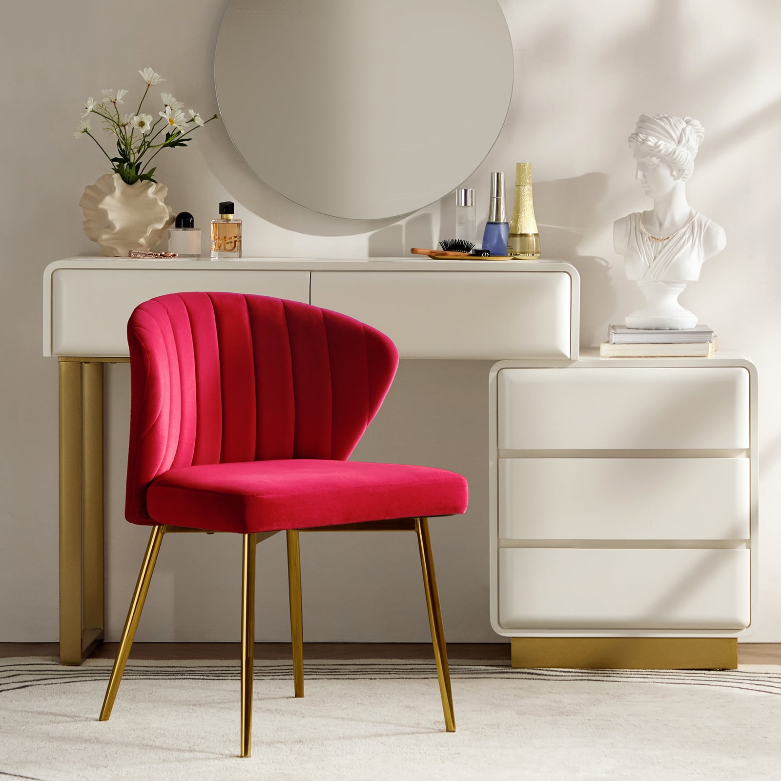 Red Velvet Upholstered Side Chair with Gold Metal Legs