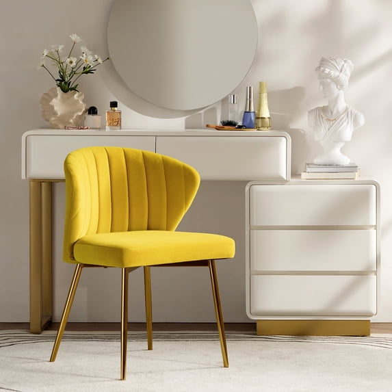 Modern Velvet Accent Chair Upholstered Small Vanity Chair Bedroom Living Room Yellow