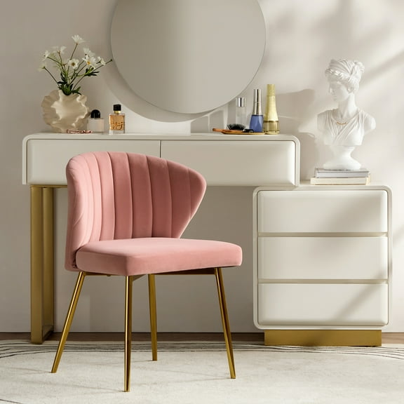Modern Velvet Accent Chair Upholstered Small Vanity Chair Bedroom Living Room Pink