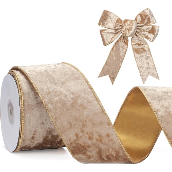 Velvet Wired Ribbon, 2.5 Inch Crushed Velvet with Gold Edge, Christmas Wired Ribbon for Gift Wrapping, Christmas Tree Decor, Wreath Supplies, Crafts Bow Making, 10 Yards